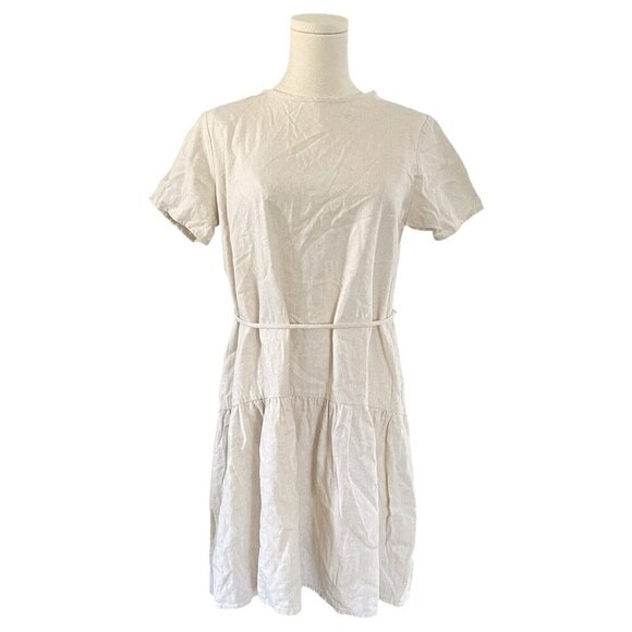 Aura Linen Rayon Drop Waist Dress Size S Peasant Tie Ruffle Lagenlook Midi Ivory - Picture 1 of 9
